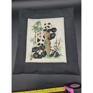 Vintage Cross Stitched Panda Eating Bamboo Wall Hanging